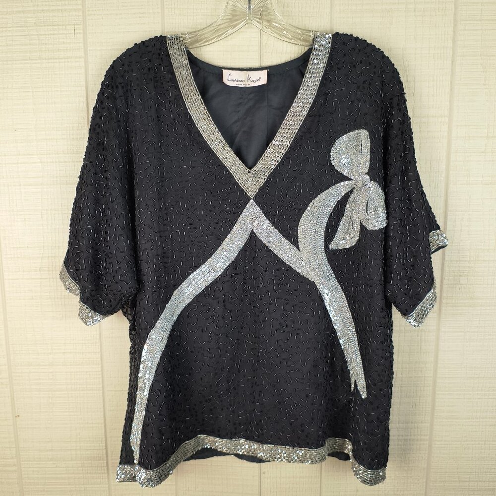 Vintage Laurence Kazar Beaded Top Black Silver Bow Sequin Evening XL